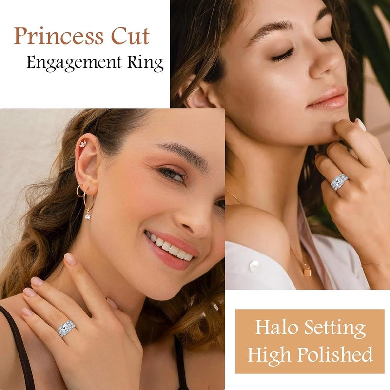 AVECON 5CT Princess Cut Engagement Ring, Promise Wedding Cubic Zirconia White Gold Plated Band Set for Women Size 5-10 - Image 4